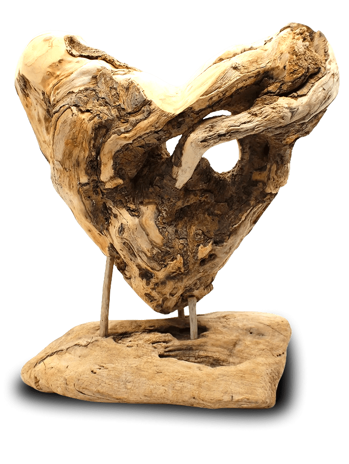 Heart-shaped driftwood sculpture on black background.